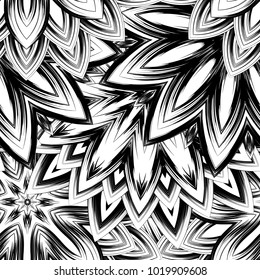 Seamless floral background. Tracery handmade nature ethnic fabric backdrop pattern with saturated dark flowers. Textile design texture. Decorative binary monochrome black and white art. Vector