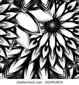 Seamless floral background. Tracery handmade nature ethnic fabric backdrop pattern with saturated dark flowers. Textile design texture. Decorative binary monochrome black and white art. Vector