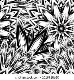 Seamless floral background. Tracery handmade nature ethnic fabric backdrop pattern with saturated dark flowers. Textile design texture. Decorative binary monochrome black and white art. Vector