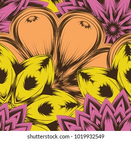 Seamless floral background. Tracery handmade nature ethnic fabric backdrop pattern with flowers. Textile design texture. Decorative color art. Vector