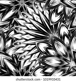 Seamless floral background. Tracery handmade nature ethnic fabric backdrop pattern with saturated dark flowers. Textile design texture. Decorative binary monochrome black and white art. Vector