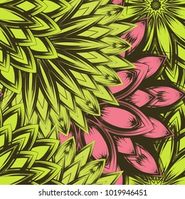 Seamless floral background. Tracery handmade nature ethnic fabric backdrop pattern with flowers. Textile design texture. Decorative color art. Vector