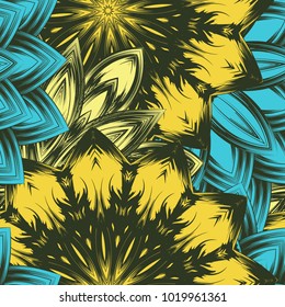 Seamless floral background. Tracery handmade nature ethnic fabric backdrop pattern with flowers. Textile design texture. Decorative color art. Vector