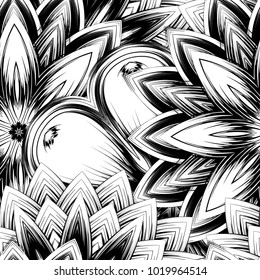 Seamless floral background. Tracery handmade nature ethnic fabric backdrop pattern with saturated dark flowers. Textile design texture. Decorative binary monochrome black and white art. Vector
