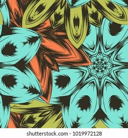 Seamless floral background. Tracery handmade nature ethnic fabric backdrop pattern with flowers. Textile design texture. Decorative color art. Vector