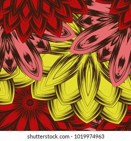 Seamless floral background. Tracery handmade nature ethnic fabric backdrop pattern with flowers. Textile design texture. Decorative color art. Vector