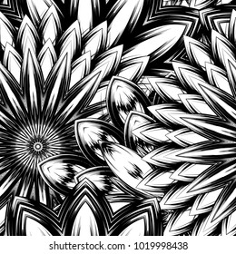 Seamless floral background. Tracery handmade nature ethnic fabric backdrop pattern with saturated dark flowers. Textile design texture. Decorative binary monochrome black and white art. Vector