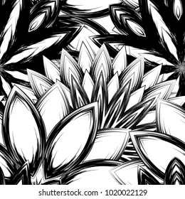 Seamless floral background. Tracery handmade nature ethnic fabric backdrop pattern with saturated dark flowers. Textile design texture. Decorative binary monochrome black and white art. Vector