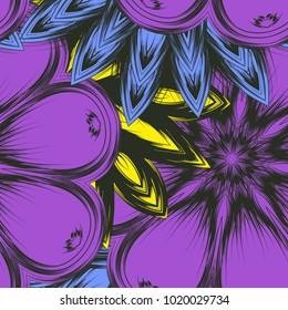 Seamless floral background. Tracery handmade nature ethnic fabric backdrop pattern with flowers. Textile design texture. Decorative color art. Vector