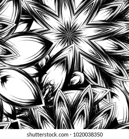 Seamless floral background. Tracery handmade nature ethnic fabric backdrop pattern with saturated dark flowers. Textile design texture. Decorative binary monochrome black and white art. Vector