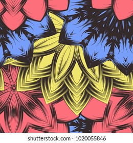 Seamless floral background. Tracery handmade nature ethnic fabric backdrop pattern with flowers. Textile design texture. Decorative color art. Vector
