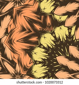 Seamless floral background. Tracery handmade nature ethnic fabric backdrop pattern with flowers. Textile design texture. Decorative color art. Vector