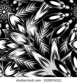 Seamless floral background. Tracery handmade nature ethnic fabric backdrop pattern with saturated dark flowers. Textile design texture. Decorative binary monochrome black and white art. Vector