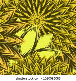 Seamless floral background. Tracery handmade nature ethnic fabric backdrop pattern with flowers. Textile design texture. Decorative color art. Vector
