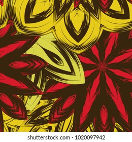 Seamless floral background. Tracery handmade nature ethnic fabric backdrop pattern with flowers. Textile design texture. Decorative color art. Vector