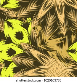 Seamless floral background. Tracery handmade nature ethnic fabric backdrop pattern with flowers. Textile design texture. Decorative color art. Vector