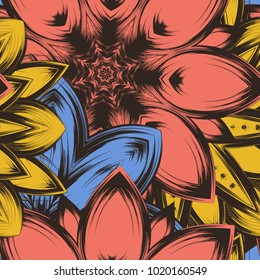 Seamless floral background. Tracery handmade nature ethnic fabric backdrop pattern with flowers. Textile design texture. Decorative color art. Vector