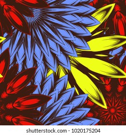 Seamless floral background. Tracery handmade nature ethnic fabric backdrop pattern with flowers. Textile design texture. Decorative color art. Vector