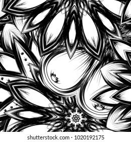 Seamless floral background. Tracery handmade nature ethnic fabric backdrop pattern with saturated dark flowers. Textile design texture. Decorative binary monochrome black and white art. Vector