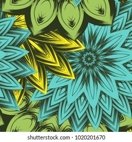 Seamless floral background. Tracery handmade nature ethnic fabric backdrop pattern with flowers. Textile design texture. Decorative color art. Vector