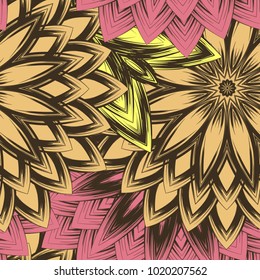 Seamless floral background. Tracery handmade nature ethnic fabric backdrop pattern with flowers. Textile design texture. Decorative color art. Vector