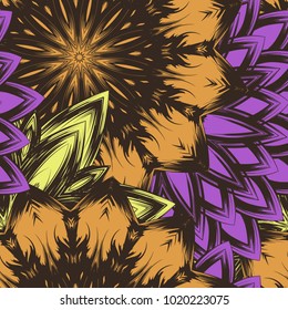 Seamless floral background. Tracery handmade nature ethnic fabric backdrop pattern with flowers. Textile design texture. Decorative color art. Vector