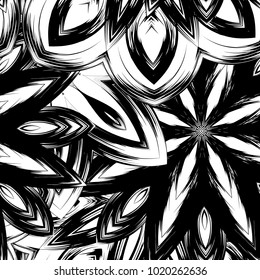 Seamless floral background. Tracery handmade nature ethnic fabric backdrop pattern with saturated dark flowers. Textile design texture. Decorative binary monochrome black and white art. Vector