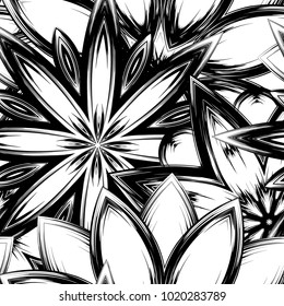 Seamless floral background. Tracery handmade nature ethnic fabric backdrop pattern with saturated dark flowers. Textile design texture. Decorative binary monochrome black and white art. Vector