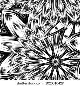 Seamless floral background. Tracery handmade nature ethnic fabric backdrop pattern with saturated dark flowers. Textile design texture. Decorative binary monochrome black and white art. Vector