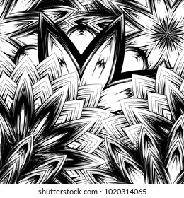 Seamless floral background. Tracery handmade nature ethnic fabric backdrop pattern with saturated dark flowers. Textile design texture. Decorative binary monochrome black and white art. Vector