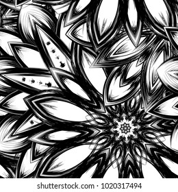 Seamless floral background. Tracery handmade nature ethnic fabric backdrop pattern with saturated dark flowers. Textile design texture. Decorative binary monochrome black and white art. Vector