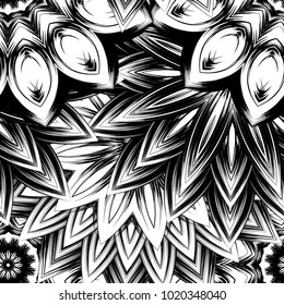 Seamless floral background. Tracery handmade nature ethnic fabric backdrop pattern with saturated dark flowers. Textile design texture. Decorative binary monochrome black and white art. Vector
