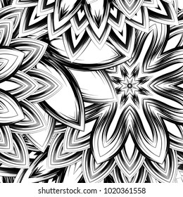 Seamless floral background. Tracery handmade nature ethnic fabric backdrop pattern with saturated dark flowers. Textile design texture. Decorative binary monochrome black and white art. Vector