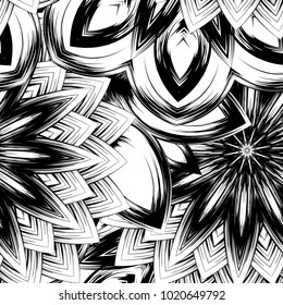 Seamless floral background. Tracery handmade nature ethnic fabric backdrop pattern with saturated dark flowers. Textile design texture. Decorative binary monochrome black and white art. Vector