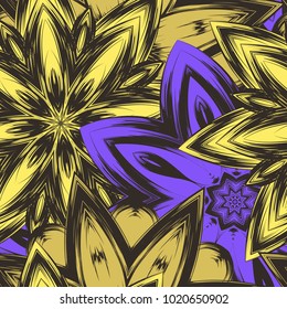 Seamless floral background. Tracery handmade nature ethnic fabric backdrop pattern with flowers. Textile design texture. Decorative color art. Vector