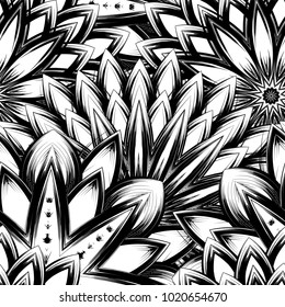 Seamless floral background. Tracery handmade nature ethnic fabric backdrop pattern with saturated dark flowers. Textile design texture. Decorative binary monochrome black and white art. Vector