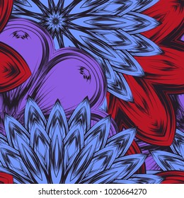 Seamless floral background. Tracery handmade nature ethnic fabric backdrop pattern with flowers. Textile design texture. Decorative color art. Vector