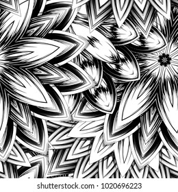 Seamless floral background. Tracery handmade nature ethnic fabric backdrop pattern with saturated dark flowers. Textile design texture. Decorative binary monochrome black and white art. Vector