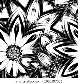 Seamless floral background. Tracery handmade nature ethnic fabric backdrop pattern with saturated dark flowers. Textile design texture. Decorative binary monochrome black and white art. Vector