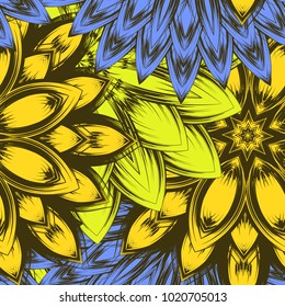 Seamless floral background. Tracery handmade nature ethnic fabric backdrop pattern with flowers. Textile design texture. Decorative color art. Vector