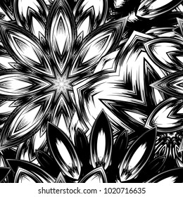Seamless floral background. Tracery handmade nature ethnic fabric backdrop pattern with saturated dark flowers. Textile design texture. Decorative binary monochrome black and white art. Vector