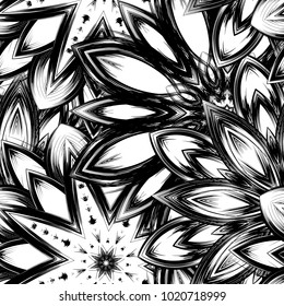 Seamless floral background. Tracery handmade nature ethnic fabric backdrop pattern with saturated dark flowers. Textile design texture. Decorative binary monochrome black and white art. Vector