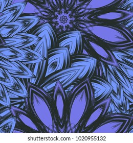 Seamless floral background. Tracery handmade nature ethnic fabric backdrop pattern with flowers. Textile design texture. Decorative color art. Vector