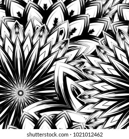 Seamless floral background. Tracery handmade nature ethnic fabric backdrop pattern with saturated dark flowers. Textile design texture. Decorative binary monochrome black and white art. Vector
