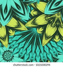 Seamless floral background. Tracery handmade nature ethnic fabric backdrop pattern with flowers. Textile design texture. Decorative color art. Vector