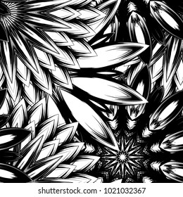 Seamless floral background. Tracery handmade nature ethnic fabric backdrop pattern with saturated dark flowers. Textile design texture. Decorative binary monochrome black and white art. Vector