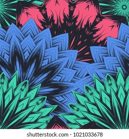 Seamless floral background. Tracery handmade nature ethnic fabric backdrop pattern with flowers. Textile design texture. Decorative color art. Vector