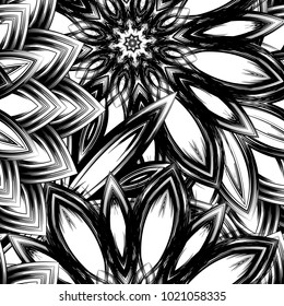 Seamless floral background. Tracery handmade nature ethnic fabric backdrop pattern with saturated dark flowers. Textile design texture. Decorative binary monochrome black and white art. Vector
