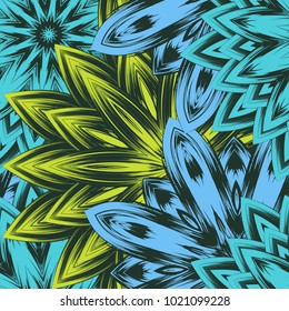 Seamless floral background. Tracery handmade nature ethnic fabric backdrop pattern with flowers. Textile design texture. Decorative color art. Vector