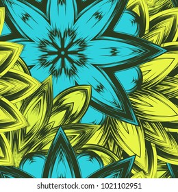 Seamless floral background. Tracery handmade nature ethnic fabric backdrop pattern with flowers. Textile design texture. Decorative color art. Vector